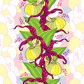 Seamless pattern with yellow Lady's slipper orchid and ornate leaves on the pastel mosaic background.