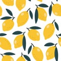 Seamless pattern of yellow lemons with green leaves background elements. Royalty Free Stock Photo