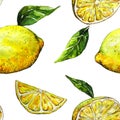 Seamless pattern. Yellow lemons and green leaves on a white background. Watercolor