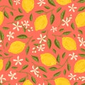 Seamless pattern with yellow lemons. Ripe fruits, flowers and leaves of lemon. Floral vector background Royalty Free Stock Photo