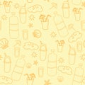 Seamless pattern. Yellow light background with shells, cocktails and a bottle, drinks and clouds. Packaging, design and