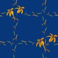 Seamless pattern of yellow lilies in a green cell of plants on a deep blue background. Watercolor Royalty Free Stock Photo