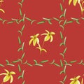 Seamless pattern of yellow lilies in a green cell of plants on a red background. Watercolor Royalty Free Stock Photo
