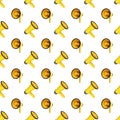 Seamless pattern of yellow megaphones on white background isolated, loudspeakers art backdrop, loudhailers repeating ornament