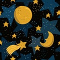 Seamless pattern with yellow moon, stars and comet with faces on black sky background in cartoon style. Royalty Free Stock Photo
