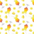 Seamless pattern yellow orange beach cocktail with carambola, pineapple. Summer tropical drink. Party time. Hand-drawn