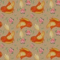 Seamless pattern with yellow orange bird. Decorative cute sparrow on a beige background with flowers. Watercolor Royalty Free Stock Photo
