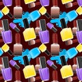 Seamless pattern of yellow pantone,medium purple,capri,blast off bronze color nail paint bottle or nail polish bottle with cap. Royalty Free Stock Photo