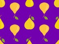 Seamless pattern with yellow pear on a purple background. Yellow pears with one leaf. Design for printing on fabric, banners and