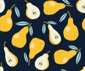 Seamless pattern of yellow pear with sky blue leaves on a blue background. Hand-drawn pears pattern. Royalty Free Stock Photo