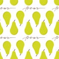 Seamless pattern with yellow pears and hand drawn lettering Pear. Flourish calligraphy. Simple and noble pattern