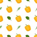 Seamless pattern with yellow peppers, arugula and basil