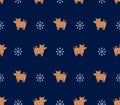 Seamless pattern of yellow pigs boars and snowflakes on dark blue background.
