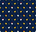 Seamless pattern of yellow pigs boars and snowflakes in the threads of Christmas garlands.