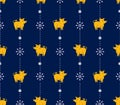Seamless pattern of yellow pigs boars and snowflakes in the threads of Christmas garlands.