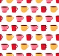 Seamless pattern of yellow, pink and red mugs with hot chocolate, cocoa or coffee. Warming winter drink in the vector. Cute Royalty Free Stock Photo