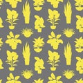Seamless pattern with yellow potted tropical house plants silhouettes