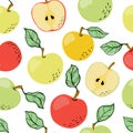 Seamless pattern with yellow, red and green apples and apple slices. Hand drawn apples pattern on white background. for fabric, Royalty Free Stock Photo