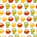 Seamless pattern with yellow, red, green tea cups with milk. Vector illustration isolated on a white background