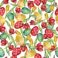 Seamless pattern with yellow and red tulips, daffodils and easter eggs. Happy Easter greeting card.