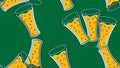 Seamless pattern of yellow repeating alcoholic beer glasses glass with beer frothy hop beer malt craft lager on a green background