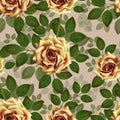 Seamless pattern with yellow roses. Beautiful realistic flowers with leaves. Photorealixtic rose bud, clean vector high detailed Royalty Free Stock Photo