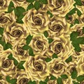 Seamless pattern with yellow roses. Beautiful realistic flowers with leaves. Photorealixtic rose bud, clean vector high detailed Royalty Free Stock Photo