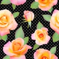Seamless Pattern Of Yellow Roses On A Black Polka Dot Background