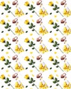 Seamless pattern with yellow roses, leafs, gift box