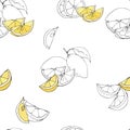 Seamless pattern with yellow slices of lemons on a white background. Bright vector hand-drawn illustration