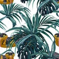 Seamless pattern with yellow snakes and blue tropical plants: agave, palm and monstera leaves. Royalty Free Stock Photo