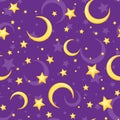 Seamless pattern with yellow stars and crescents on purple. Vector illustration. Royalty Free Stock Photo