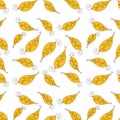 Seamless pattern yellow swirling spiral leaves of different shapes on a white background