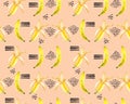 Seamless pattern of yellow watercolor bananas, abstract spots, brush strokes. Isolated bright illustration. Hand painted fruits