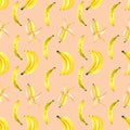 Seamless pattern of yellow watercolor bananas. Isolated bright illustration. Hand painted fruits