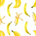 Seamless pattern of yellow watercolor bananas. Isolated bright illustration on white. Hand painted fruits