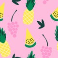 Seamless pattern of yellow watermelon and grapes on a pink background.