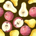 Seamless pattern of yellow whole and half-cut pears and red apples . Royalty Free Stock Photo