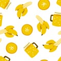 Seamless pattern with yellow whole and slices of bananas and juice in a glass. Juicy and tasty fruits for a summer print