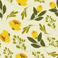 Seamless pattern, yellow wildflowers poppies and twigs with leaves on a light green background. Print, textile, wallpaper