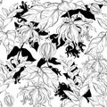 Seamless pattern with yellow ylang ylang flowers and leaves. Black and white