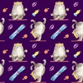 Seamless pattern with Yoga Cats for sports goods. Cute characters in various asanas.