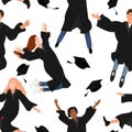 Seamless pattern with young graduate students in graduation clothing jumping and throwing the mortarboard high into the