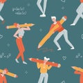 Seamless pattern with young people holding a large Pencils. Young person with huge pencil. Cute teenager characters