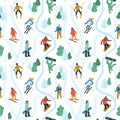 Seamless pattern with young people at mountain resort.