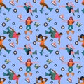 Seamless pattern with young people on roller skates and wheels isolated on blue background. Vector flat illustration.