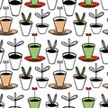 Seamless pattern. Young shoots in flower pots. Doodle style, hand-drawn, forcing plants, seedlings in pots. Black outline drawing