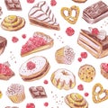 Seamless pattern with yummy cakes and coo0kies. Hand drawn colored pencils design.