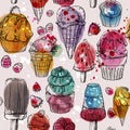 Seamless pattern with yummy, colorful watercolor ice cream and cupcakes .