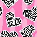Seamless pattern of zebra skin in shape of heart on pink background. Royalty Free Stock Photo